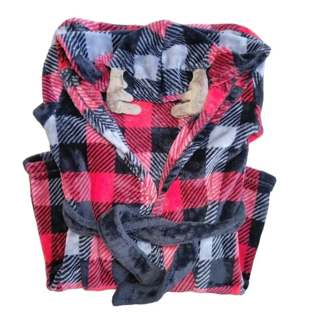 Boys M 8/10 Cuddl Duds Moose/Deer black/red Checkered Plaid Winter Hooded Robe